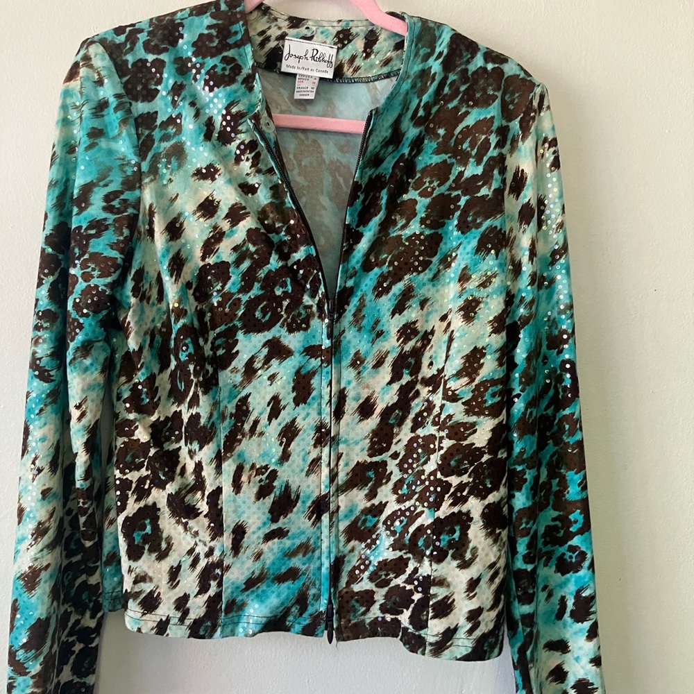 Joseph Ribkoff Blue and Brown Blazer with Modern Animal Print